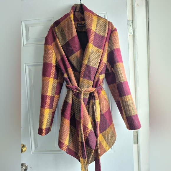Chicwish Prairie Rabato Wrap Coat with Belt Wool Burgundy & Mustard Plaid - Picture 8 of 14